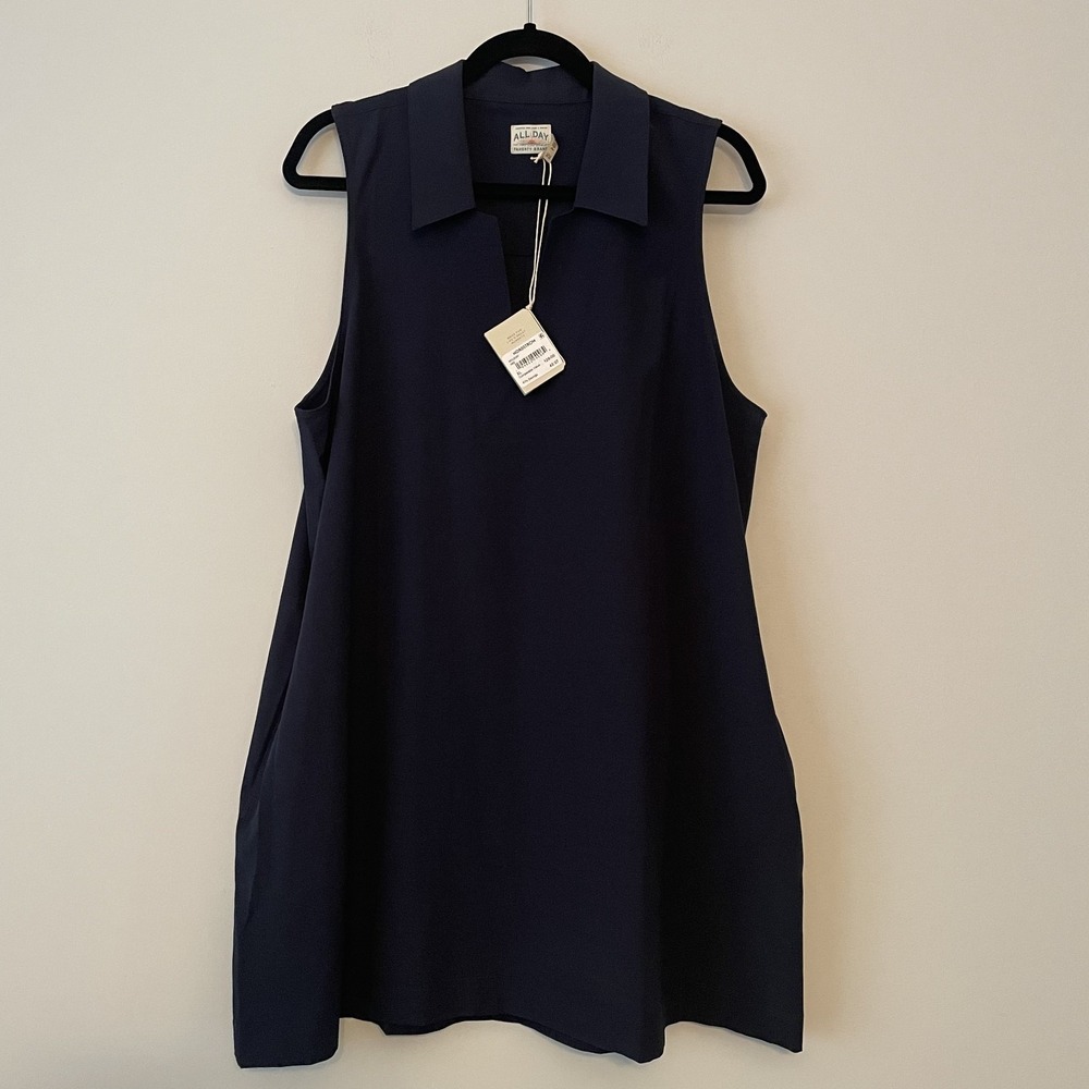NWT Faherty All Day Sleeveless Collared Shift Dress Navy XL Pockets Minimalist